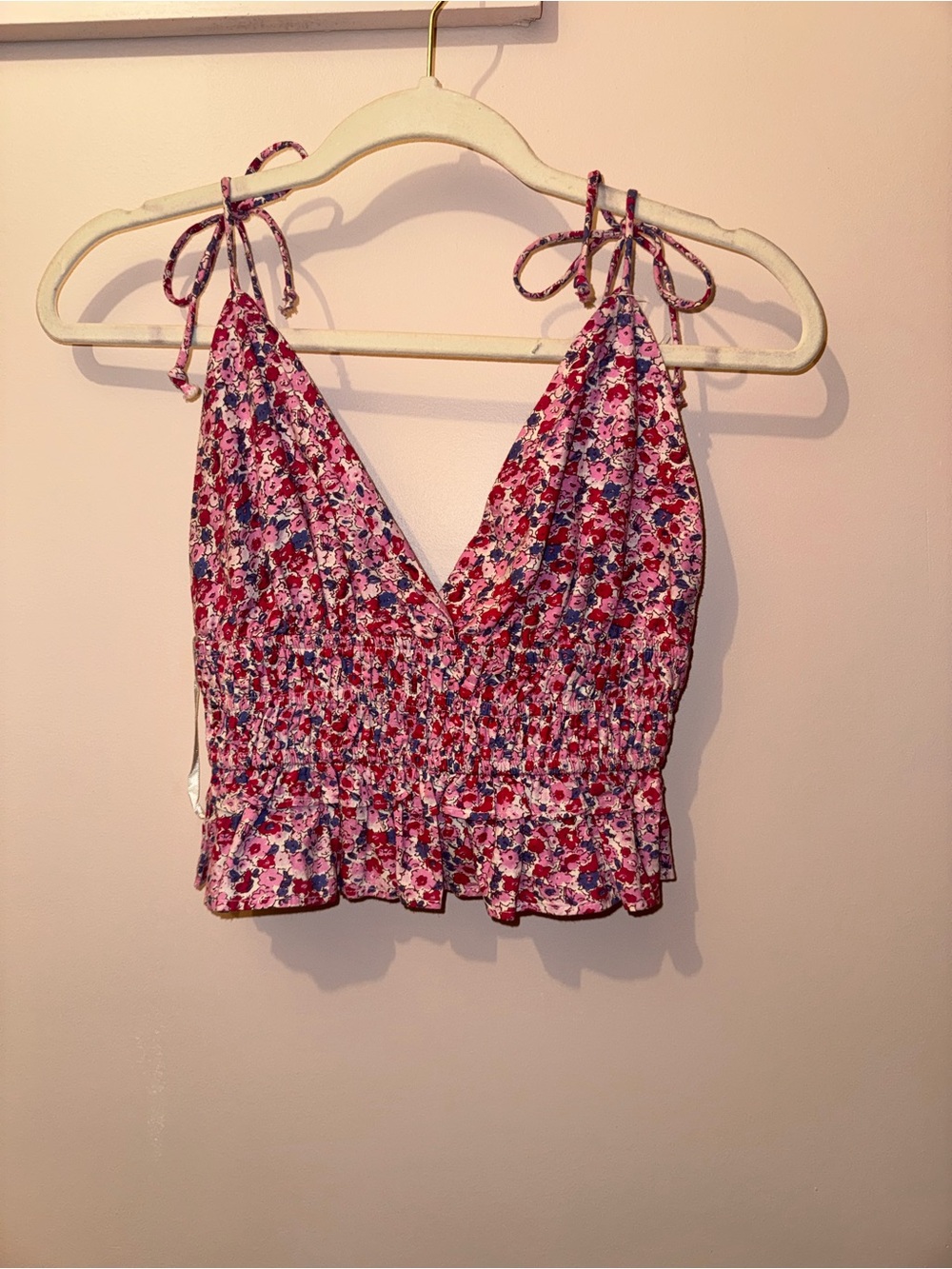 Smocked Floral Tie-Shoulder Cropped Tank Top - Pink